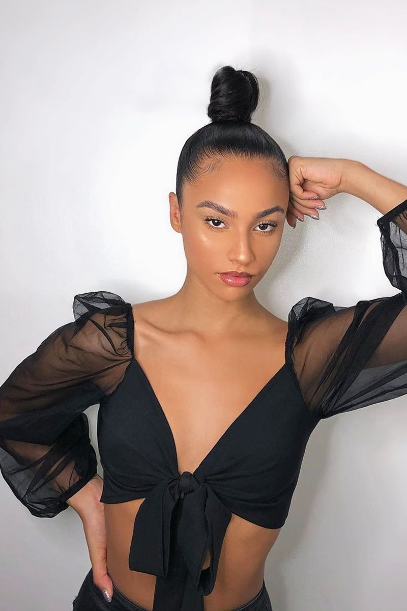 Black Bow Front Organza Sleeve Crop Top - Eddie-Crop Tops