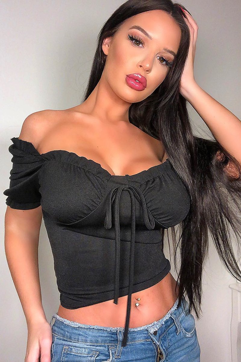 Black Bow Front Ruched Detail Top - Charlie-Tops