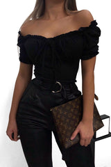 Black Bow Front Ruched Detail Top - Charlie-Tops