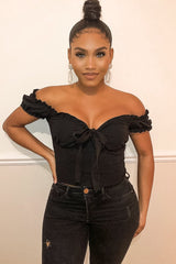 Black Bow Front Ruched Detail Top - Charlie-Tops