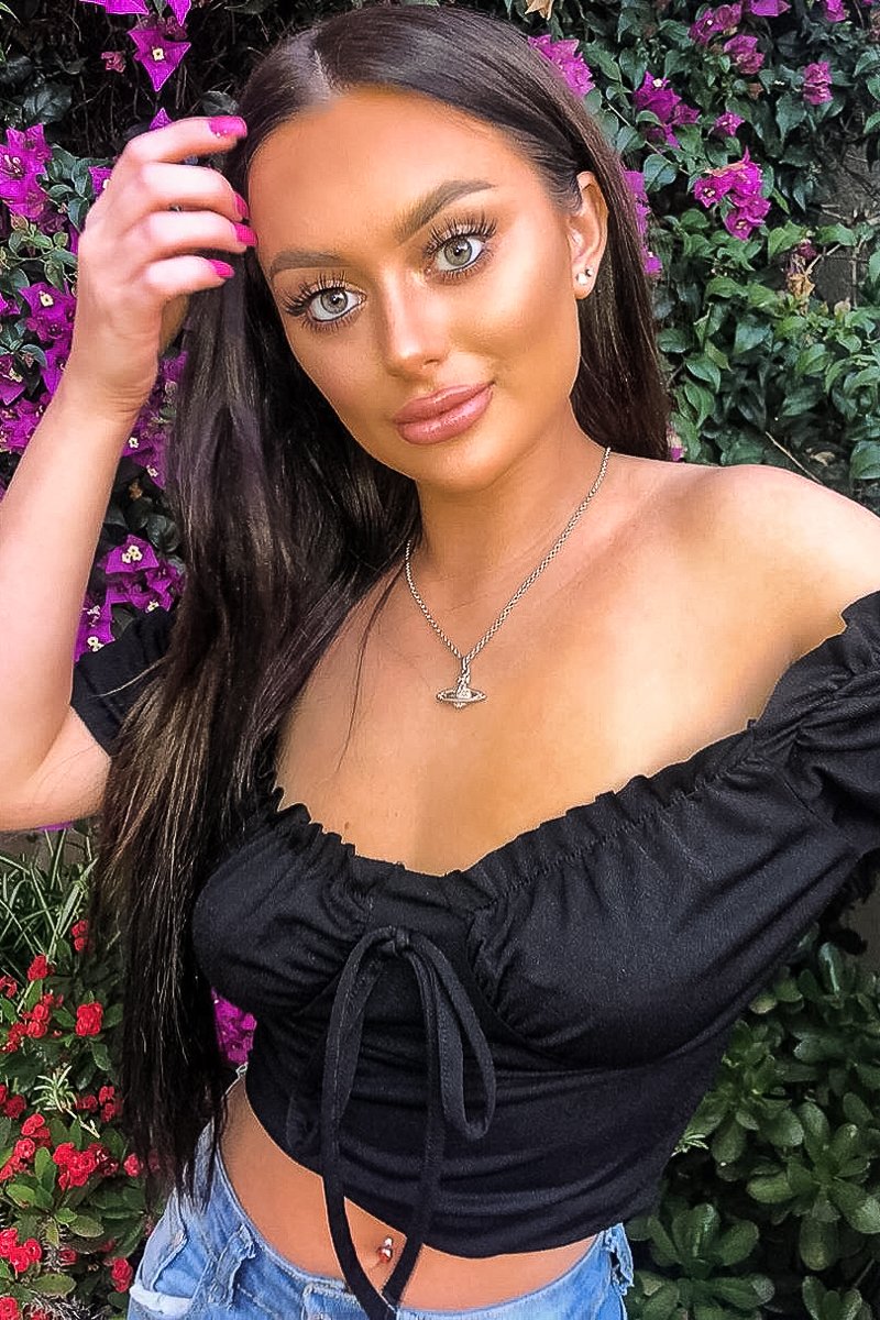 Black Bow Front Ruched Detail Top - Charlie-Tops