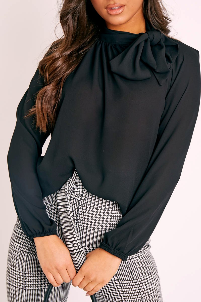 Black Bow Neckline Lightweight Blouse - Flossie-Blouse