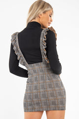 Black Brown Check Knitted Ruffle Pinafore Dress - Vina-Dresses