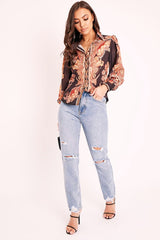 Black Brown Paisley Print Button Front Shirt - Raina-Shirts