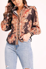 Black Brown Paisley Print Button Front Shirt - Raina-Shirts