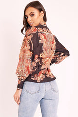 Black Brown Paisley Print Button Front Shirt - Raina-Shirts