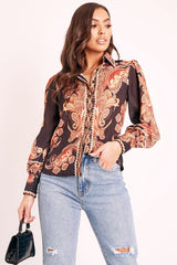 Black Brown Paisley Print Button Front Shirt - Raina-Shirts
