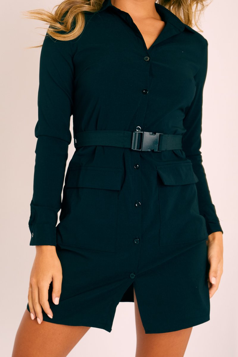 Black Buckle Belted Utility Shirt Dress - Layla-Dresses