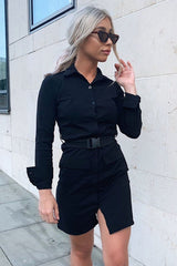Black Buckle Belted Utility Shirt Dress - Layla-Dresses