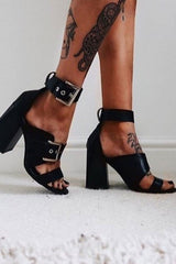 Black Buckle Block Heels - Cadie-Heels