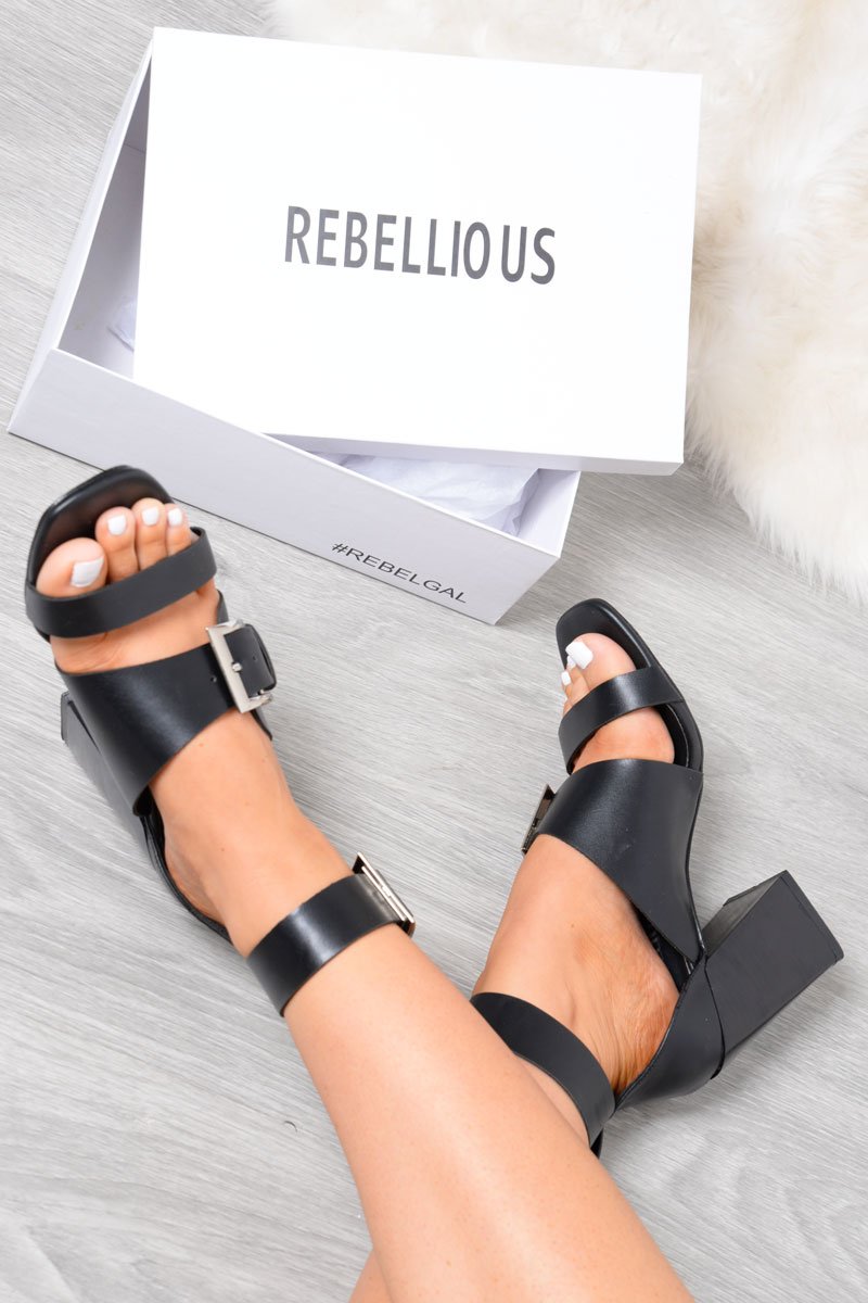 Black Buckle Block Heels - Cadie-Heels
