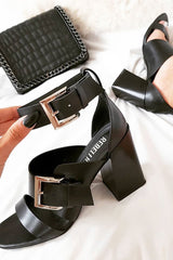 Black Buckle Block Heels - Cadie-Heels