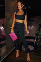 Black Buckle Cargo Pant Crop Top Co-Ord - Kahri-Co-ords