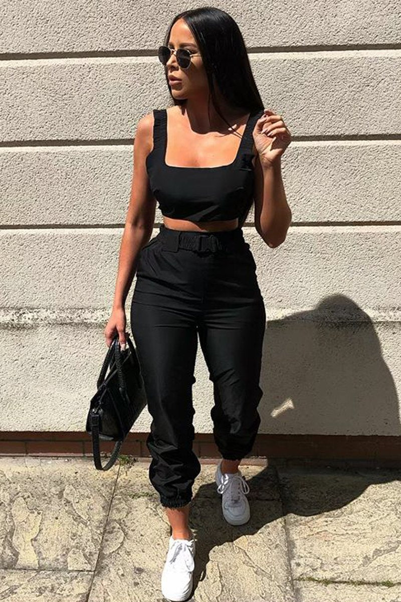 Black Buckle Cargo Pant Crop Top Co-Ord - Kahri-Co-ords