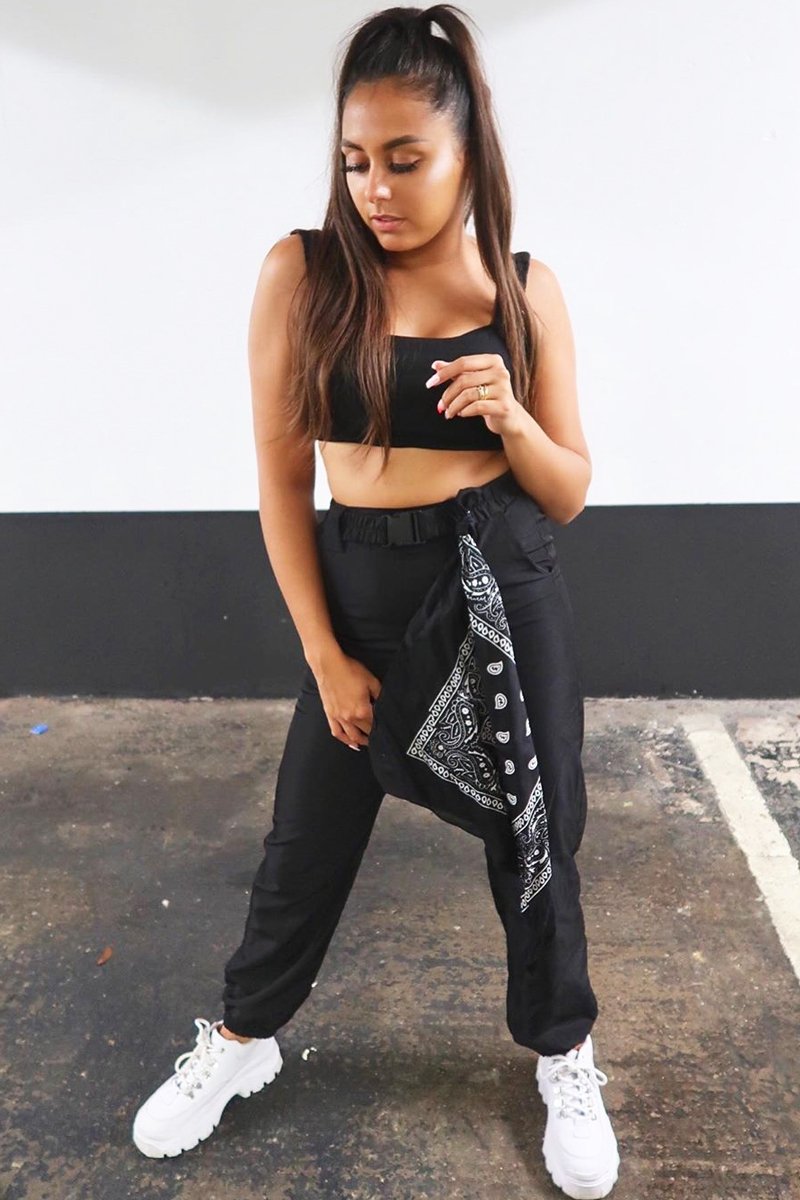 Black Buckle Cargo Pant Crop Top Co-Ord - Kahri-Co-ords