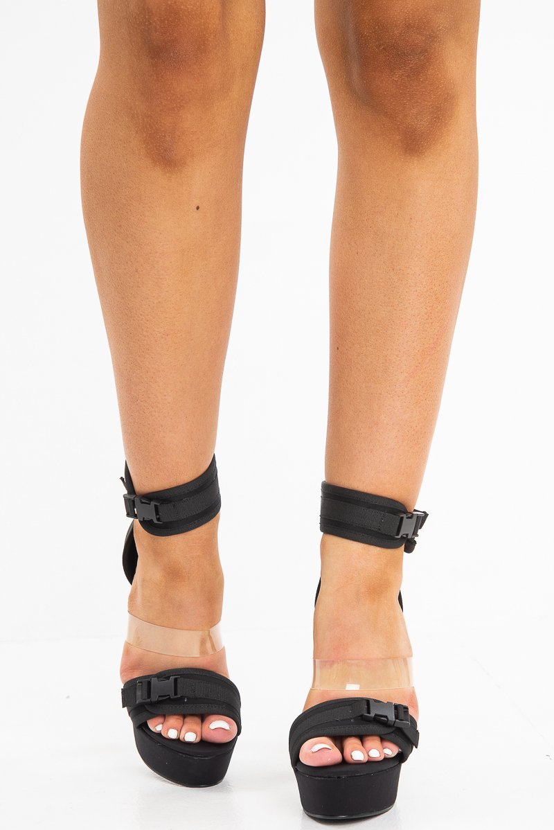 Black Buckle Fastening Block Heel - Aloe-Shoes