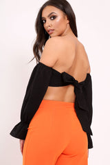 Black Buckle Front Extreme Bardot Crop Top - Theora-Crop Tops