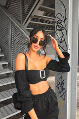 Black Buckle Front Extreme Bardot Crop Top - Theora-Crop Tops