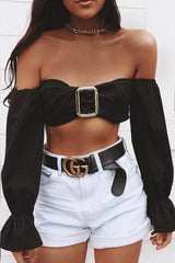 Black Buckle Front Extreme Bardot Crop Top - Theora-Crop Tops