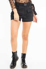 Black Buckle Front Woven Utility Shorts - Minh-Shorts