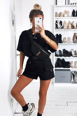 Black Buckle Front Woven Utility Shorts - Minh-Shorts