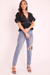 Black Butterfly Applique Plunging Neckline Top - Mallory-Tops