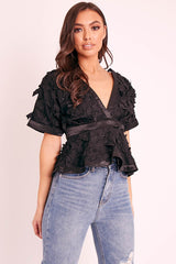 Black Butterfly Applique Plunging Neckline Top - Mallory-Tops