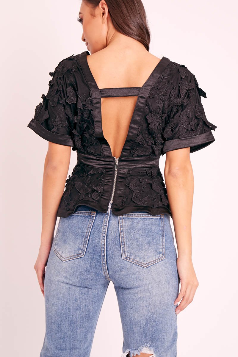 Black Butterfly Applique Plunging Neckline Top - Mallory-Tops