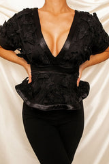 Black Butterfly Applique Plunging Neckline Top - Mallory-Tops
