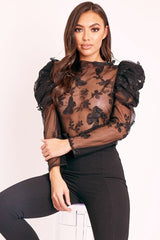 Black Butterfly Embroidery Mesh Puff Sleeve Top - Raaya-Tops