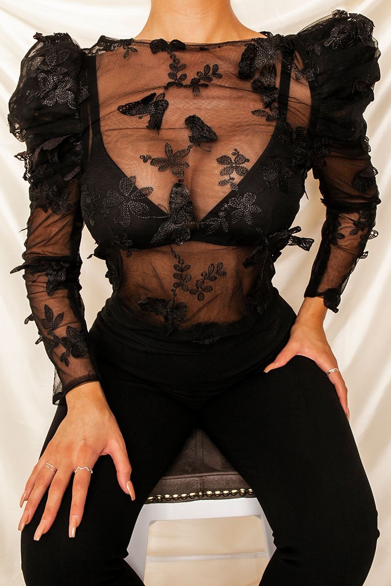 Black Butterfly Embroidery Mesh Puff Sleeve Top - Raaya-Tops