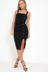 Black Button Detail Tie Waist Midi Dress - Susana-Dresses