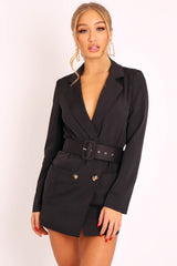 Black Button Front Belted Blazer Dress - Justyne-Dresses