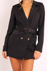 Black Button Front Belted Blazer Dress - Justyne-Dresses