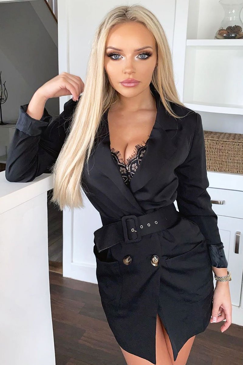 Black Button Front Belted Blazer Dress - Justyne-Dresses