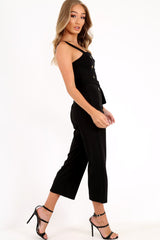 Black Button Front Belted Culotte Jumpsuit - Magy-Jumpsuits