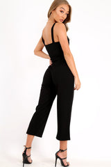 Black Button Front Belted Culotte Jumpsuit - Magy-Jumpsuits