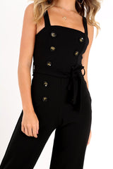 Black Button Front Belted Culotte Jumpsuit - Magy-Jumpsuits