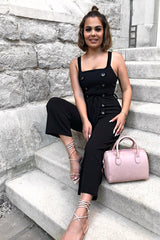 Black Button Front Belted Culotte Jumpsuit - Magy-Jumpsuits