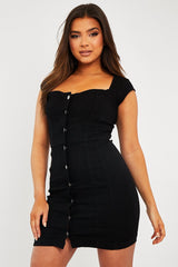 Black Button Front Bodycon Denim Dress - Carlyn-Dresses