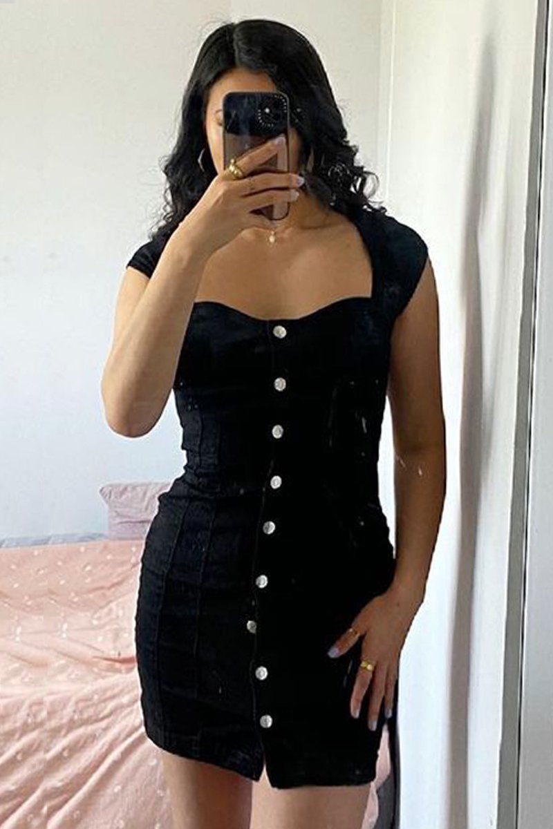 Black Button Front Bodycon Denim Dress - Carlyn-Dresses