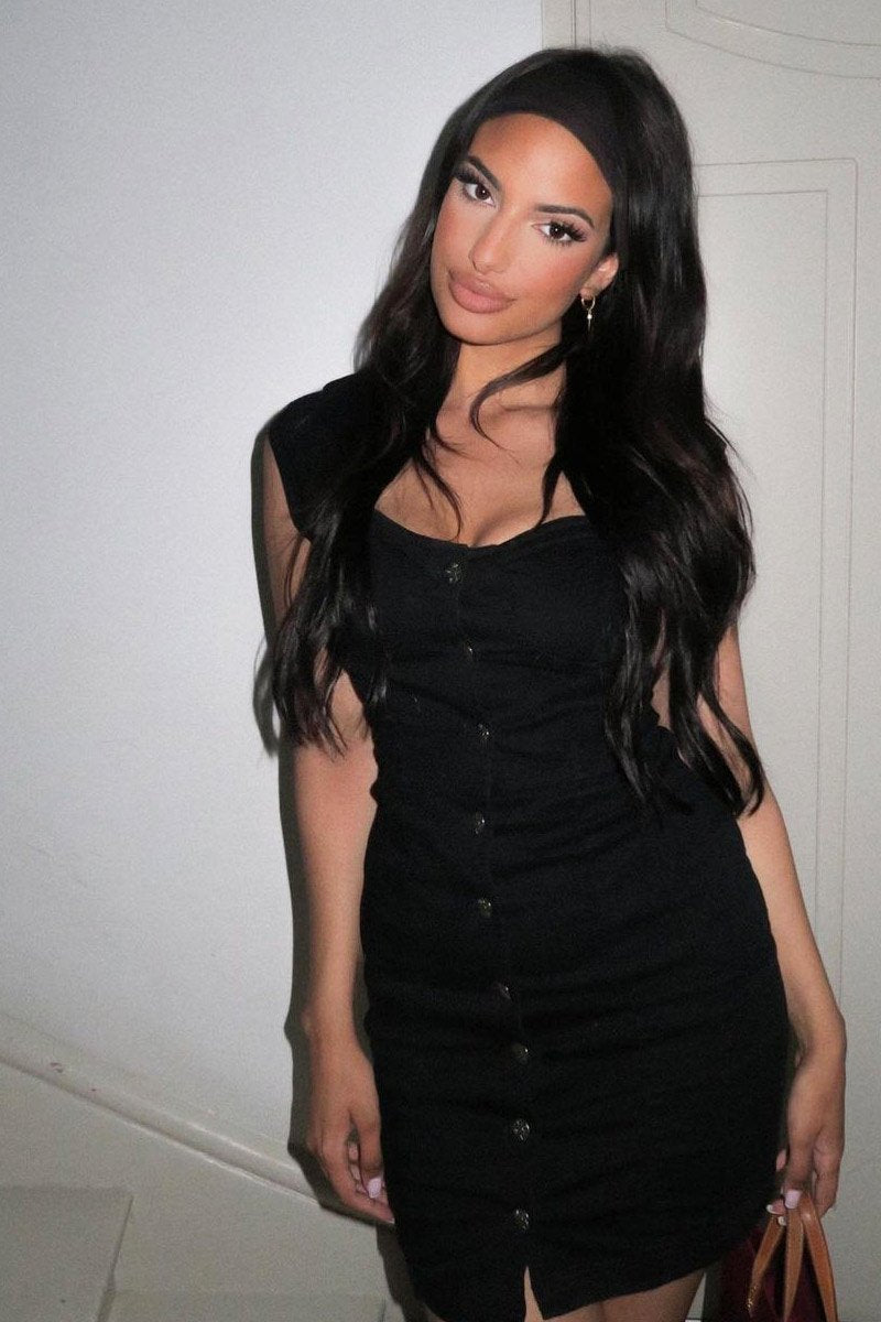 Black Button Front Bodycon Denim Dress - Carlyn Black Button Front Bodycon Denim Dress - Carlyn