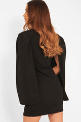 Black Button Front Cape Sleeve Blazer Dress - Abraya-Dresses