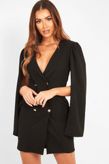 Black Button Front Cape Sleeve Blazer Dress - Abraya-Dresses