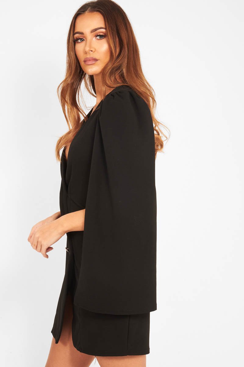 Black Button Front Cape Sleeve Blazer Dress - Abraya-Dresses