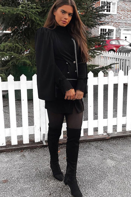 Black Button Front Cape Sleeve Blazer Dress - Abraya