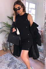 Black Button Front Knitted Jumper Dress - Adalei-Dresses