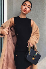 Black Button Front Knitted Jumper Dress - Adalei-Dresses