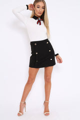 Black Button Front Mini Skirt - Ramina-Skirts