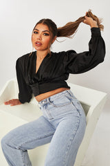 Black Button Front Plunge Satin Crop Top - Khali-Crop Tops